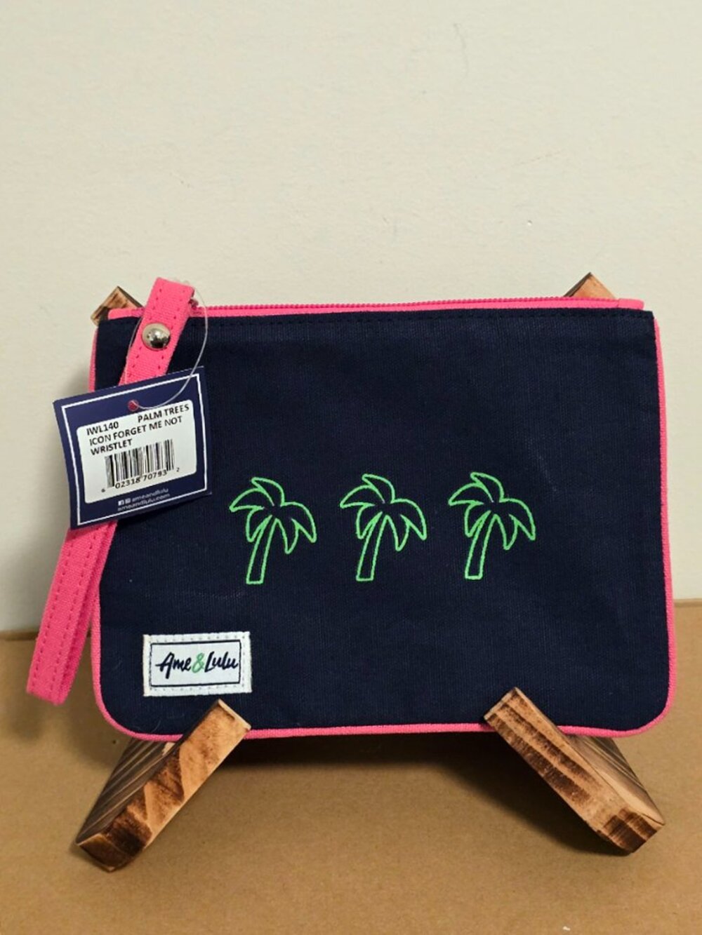 Palm Trees Wristlet Ame & Lulu NWT Navy Pink Piping Canvas Clutch Pouch NEW